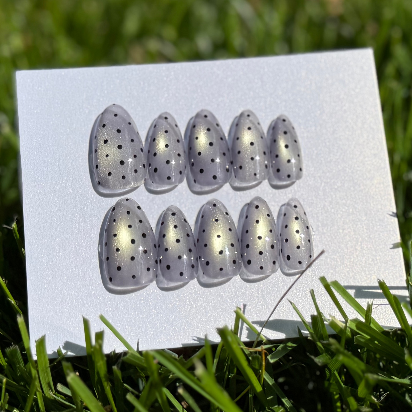 Press on nails with polka dots on a card sitting on grass